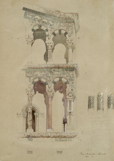 En del av fasaden til den ødelagte kirken San Michele i Foro, Lucca, slik den så ut i 1845, Ma av John Ruskin