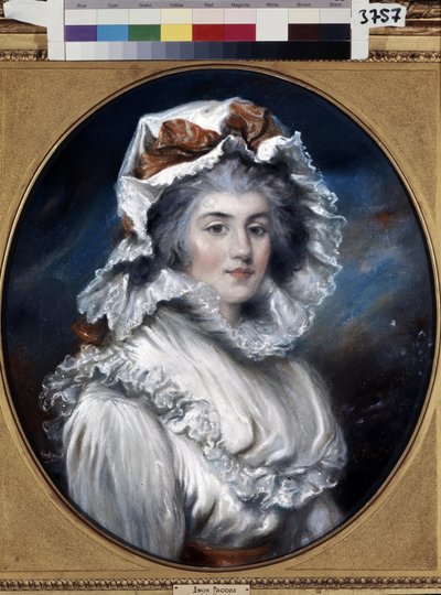Portrett av en ung kvinne med en caps (Portrett av en jente i en caps). Tegning av John Russell (1745-1806). Pastell på papir, andre halvdel av 1700-tallet. Engelsk kunst fra 1700-tallet. Eremitasjemuseet, St. Petersburg. av John Russel