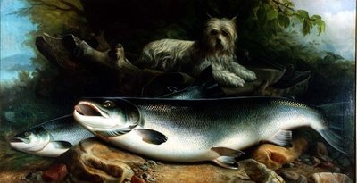 Vokter dagens fangst; en Skye Terrier med en hane og høne laks av John Russell