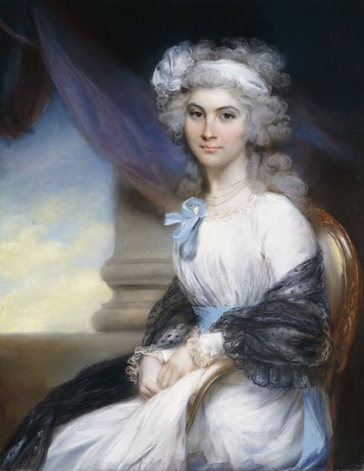 Portrett av frøken Sophia Vansittart, tre-kvarts lengde, iført en hvit kjole med et hvitt bånd om det pulveriserte håret og et svart sjal drapert om skuldrene, sittende ved siden av en klassisk søyle, av John Russell
