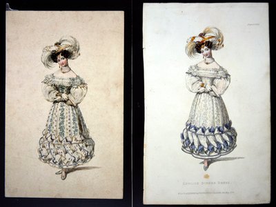 Skisse og trykk av en moteplate, ca. 1829 (blyant og akvarell på papir og håndkolorert gravering) av John Samuel Agar