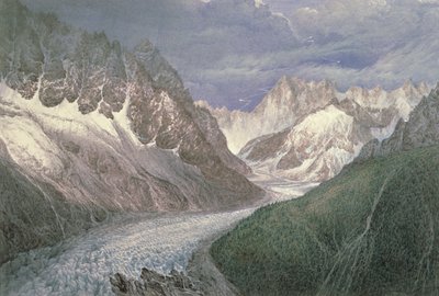 Utsikt over Mer de Glace med Aiguille du Moine til venstre og Grandes Jorasses i det fjerne til høyre, 1800-tallet av John Scandrett Harford