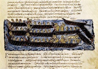 En russisk flåte, miniatyr fra "Synopsis historiarum", ca. 1126-1150 av John Scylitzes