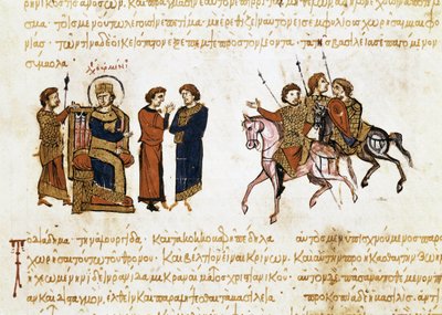 Kroningen av den bysantinske keiseren Leon V den armenske (775-820), miniatyr fra "Synopsis historiarum", ca. 1126-1150 av John Scylitzes