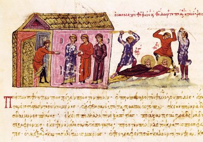 Munkene Saint Theophanes the Confessor (ca. 759-818) og Saint Theodore the Studite (759-826) pisket på ordre fra keiser Theophile, miniatyr fra "Synopsis historiarum", ca. 1126-1150 av John Scylitzes