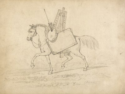 En hest lastet med kunstnerutstyr, går til venstre (grafitt på papir) av John Sell Cotman