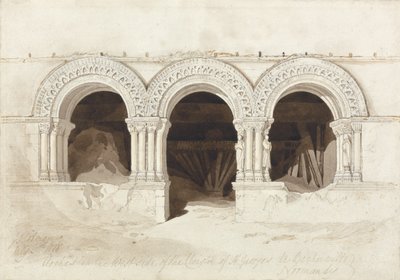 Buer på vestsiden av Cloister of St. Georges de Boscherville, nær Rouen, Normandie, ca. 1818 (grafitt, brun vask og penn og blekk på papir på kort) (se 172543) av John Sell Cotman