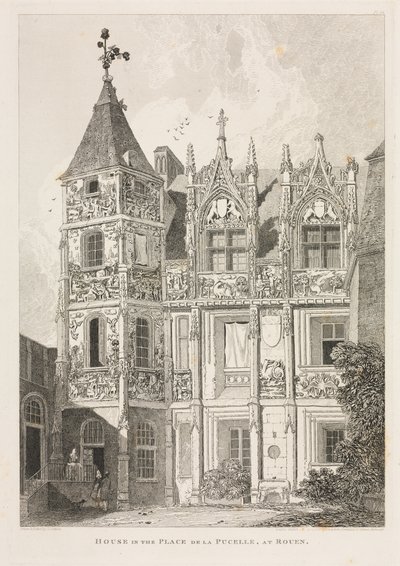 Architectural Antiquities of Normandy Vol. II, Pl. 64: Hus på Place de la Pucelle, i Rouen, av John Sell Cotman