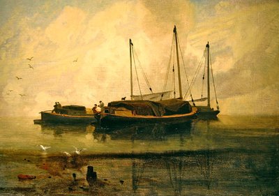Båter ved Anchor, Bladon Water, Norfolk (olje på lerret) av John Sell Cotman