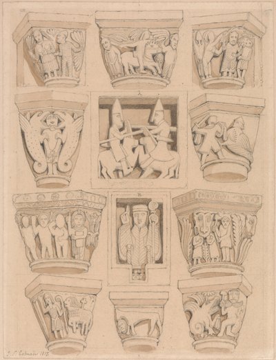 Kapitaler og A & B Bas-relieffer i Abbey Church of Saint Georges de Bocherville, nær Rouen, Normandie av John Sell Cotman