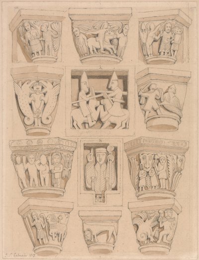 Hovedsteder og A & B Bas-relieffer i Abbey Church of Saint Georges de Bocherville, nær Rouen, Normandie av John Sell Cotman