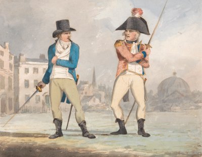 Karikatur av to menn med dragne sverd (en av et sett på tre) av John Sell Cotman