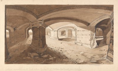 Grotter gravd ut i klippen innenfor slottet Chateau Gaillard, nær Andelys, Normandie av John Sell Cotman