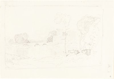 Landskapsskisse med bro og slott av John Sell Cotman
