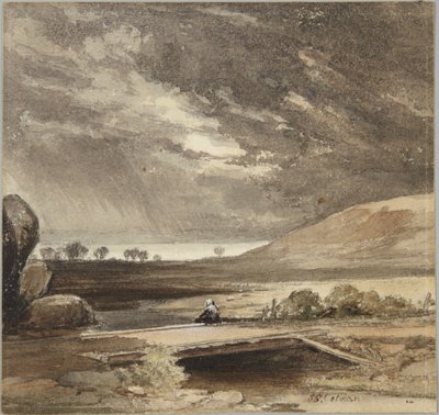 Landskap med stormfulle skyer og bro av John Sell Cotman