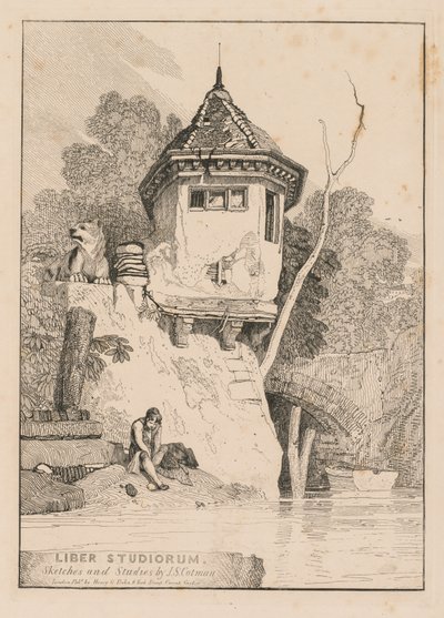 Liber Studiorum, Frontispice, utsikt over et hagehus ved bredden av elven Yare, 1838. av John Sell Cotman