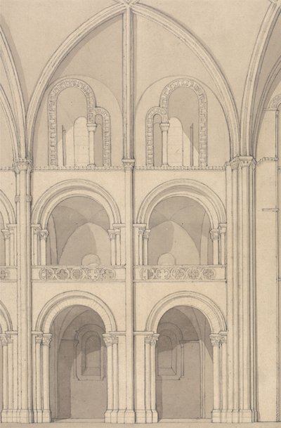 Perspektivisk opptegning av en del av klosterkirken Saint-Étienne i Caen, Normandie av John Sell Cotman