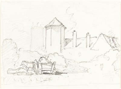 Skisse av bygninger med vogn og hester i forgrunnen av John Sell Cotman