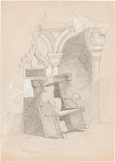 Skisse av ødelagt kirkeinteriør med stol av John Sell Cotman