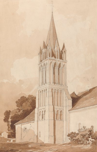 Sørøstutsikt over Ifs-kirken, nær Caen, Normandie av John Sell Cotman