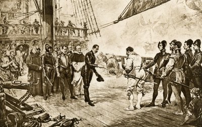 Admiralen i den spanske armadaen returnerer sin kårde til Francis Drake (1540–1596) av John Seymour (after) Lucas
