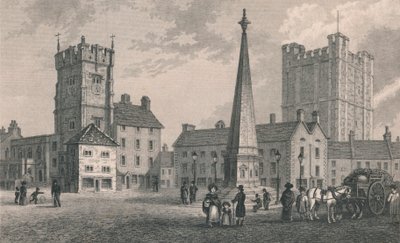 Market Place Richmond, Trinity Church og Keep of Richmond Castle, 1831 av John Shury