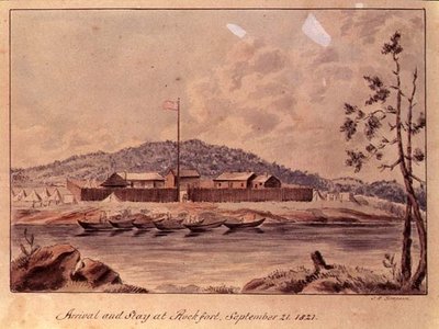 Ankomst og opphold på Rockfort, 1821 (wc på papir) av John Simpson