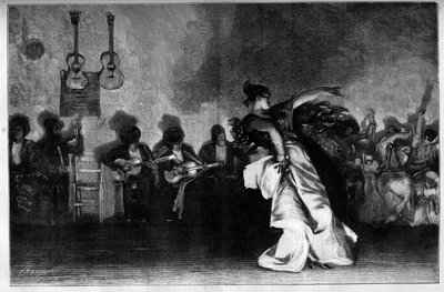 El Jaleo - Sigøynerdanser. Gitarister og flamencodanser. Gravering etter maleriet av John Singer Sargent (1856-1925) i "" The Illustrous World"" nr. 1335 av 28. oktober av John Singer (after) Sargent