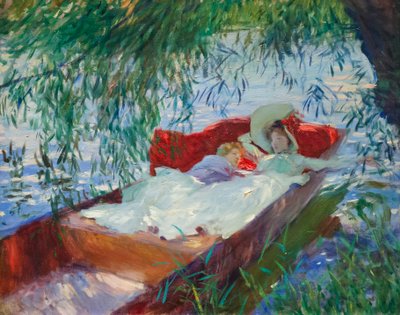 Dame og barn sovende i en punt under piletreet av John Singer Sargent