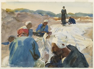 Mending a Sail (wc på papir) av John Singer Sargent