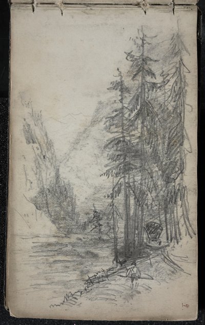 Fjelllandskap med trær, 1871-72 (grafitt på mørklagt off-white vevd papir) av John Singer Sargent