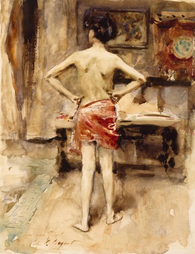 The Model, 1876 (wc over grafittblyant på vevd papir) av John Singer Sargent