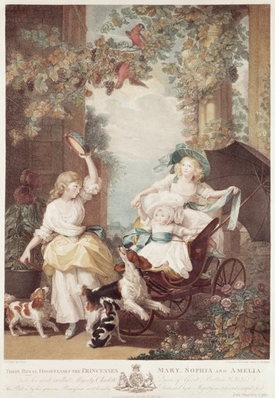 Prinsessene Mary (1776-1857), Sophia (1777-1848) og Amelia (1783-1810), døtre av George III, gravert av Francesco Bartolozzi (1727-1815) (mezzotintgravering) av John Singleton Copley