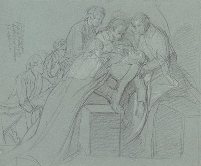 Studie for Central Group in the Death of Earl of Chatham (svart kritt, forsterket med hvitt på blått papir) av John Singleton Copley