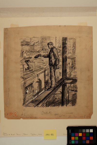 Salute, ca. 1911 (blekk, kull og sinkhvit maling på papir) av John French Sloan