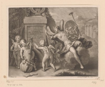 Engler med musikkinstrumenter ved et monument av John Smith