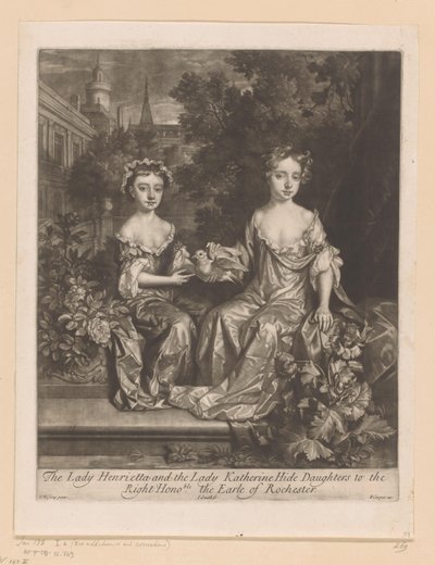 Portret av Henrietta og Katherine Hyde med en duif The Lady Henrietta and the Lady Katherine Hide Daughters to the / Right Honorable the Earle of Rochester (tittel på objekt) av John Smith