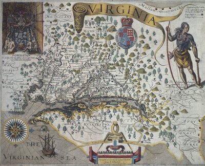 Kart over Virginia: Innfelt (øverst til venstre) som viser interiøret til indianerhøvdingen Powhatans hytte, av John Smith (1580-1631) av John Smith