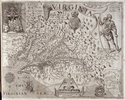 Kart over Virginia, oppdaget og beskrevet av kaptein John Smith, 1606, gravert av William Hole (fl. 1607-24), publisert 1612 (se også 174212) av John Smith 2