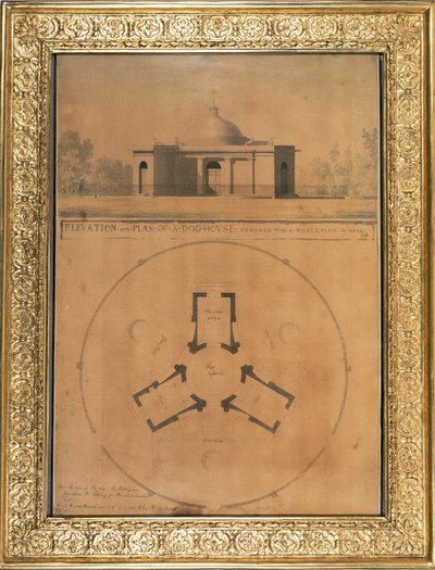 Forhøyning og plan av et hundehus, 1779 (penn og blekk og wc på papir) av John Soane