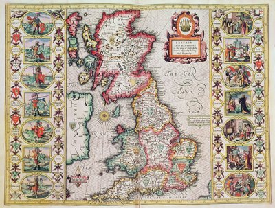 Storbritannia slik det ble bestemt i de engelske saksernes tid, spesielt under deres heptarki (håndfarget kobbergravering) av John Speed