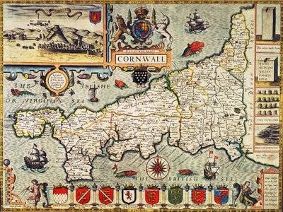 Kart over Cornwall fra "Theatre of the Empire of Great Britain", pub. i London av George Humble, 1627-utgaven (håndfarget gravering) av John Speed