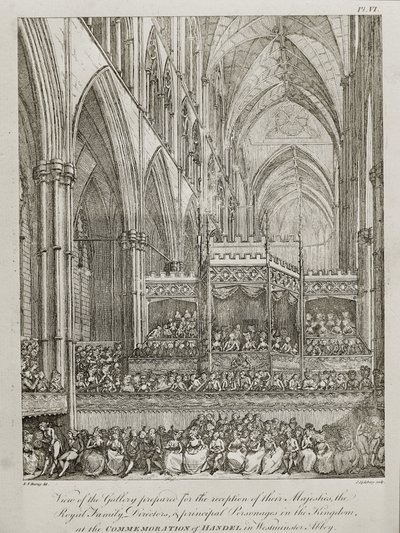 konsert for å minnes 25-årsjubileet for George Frederick Handel (1685-1759) - Utsikt over galleriet forberedt for mottakelsen av deres Majesteter den kongelige familie av John Spilsbury