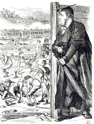 En tegneserie som viser William Vernon Harcourt (1827-1904) som da innenriksministeren anbefalte innføringen av bjørken i stedet for forvaring for ungdomsforbrytere. Illustrert av John Tenniel (1820-1914), en engelsk illustratør, grafisk humorist, en av John Tenniel