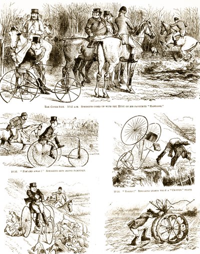 En tegneserie som viser en mann som jakter på en trehjulssykkel. Illustrert av John Tenniel (1820-1914), en engelsk illustratør, grafisk humorist og politisk tegneserieskaper av John Tenniel