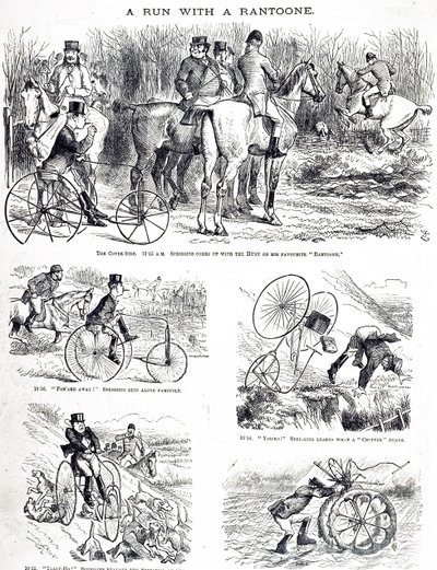 En tegneserie som viser en mann som jakter på en trehjulssykkel. Illustrert av John Tenniel (1820-1914), en engelsk illustratør, grafisk humorist og politisk tegneserieskaper av John Tenniel