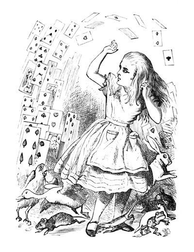 En pakke med kort som flyr opp over Alice, 1889 av John Tenniel