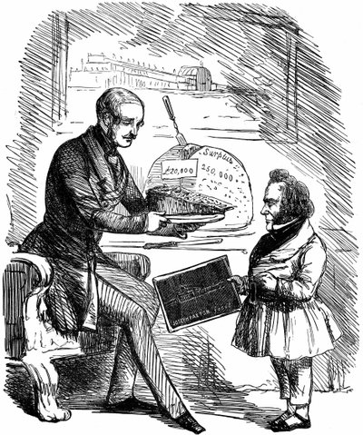 Albert, Prince Consort of Queen Victoria, overrakte Joseph Paxton, designer av Crystal Palace, en skive på £20 000 med 'Solid Pudding' fra overskuddsmidlene fra den store utstillingen i 1851 i Hyde Park, London. John Tenniel tegneserie fra Punch. T av John Tenniel
