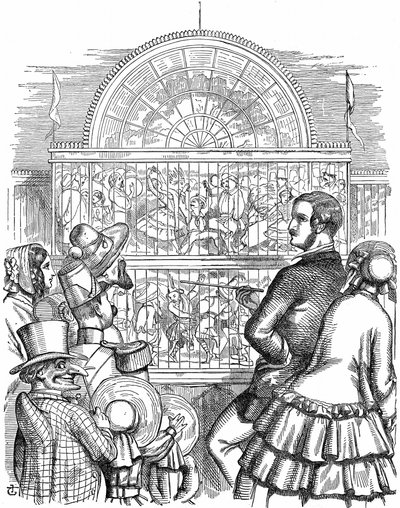 Albert, Prince Consort of Queen Victoria, viser frem Crystal Palace og den store utstillingen i Hyde Park, London. John Tenniel tegneserie fra Punch London 1851. Tregravering av John Tenniel