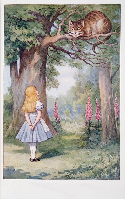 Alice and the Cheshire Cat, Alices Adventures In Wonderland And Through The Looking-Glass And What Alice Found There, av Lewis Carroll (1832 - 98), utgitt 1911 (farget litografi) av John Tenniel